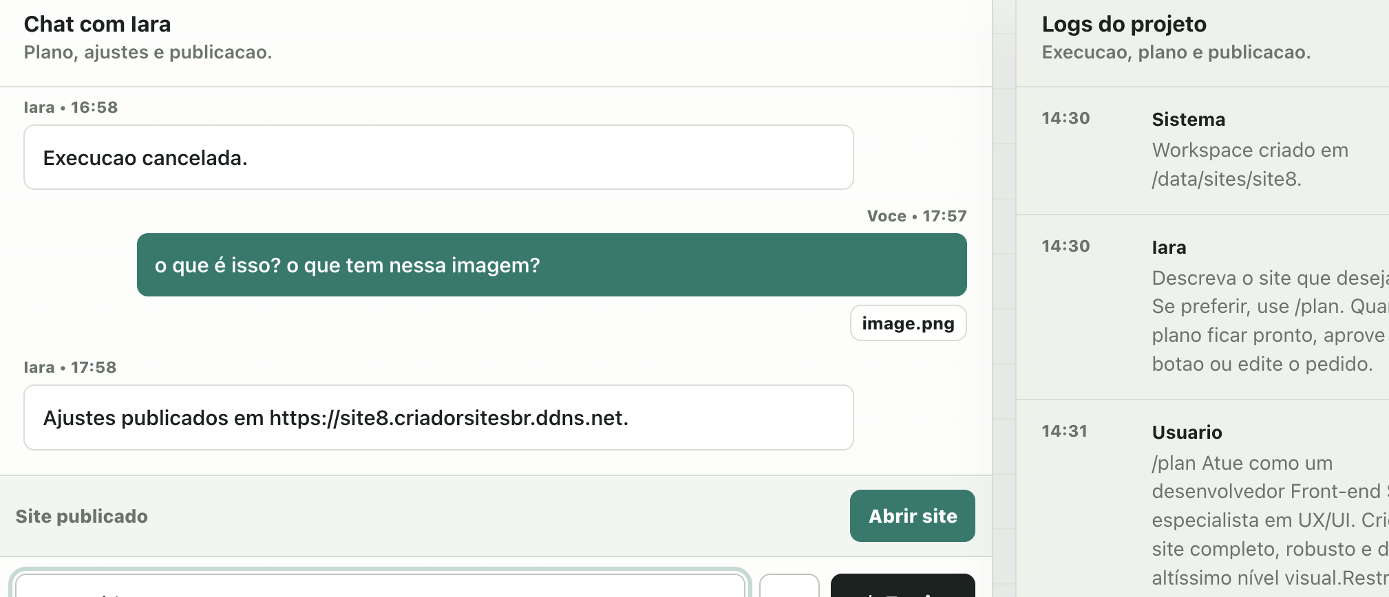 Captura de tela de um criador de sites com chat com Iara a esquerda e logs do projeto a direita.